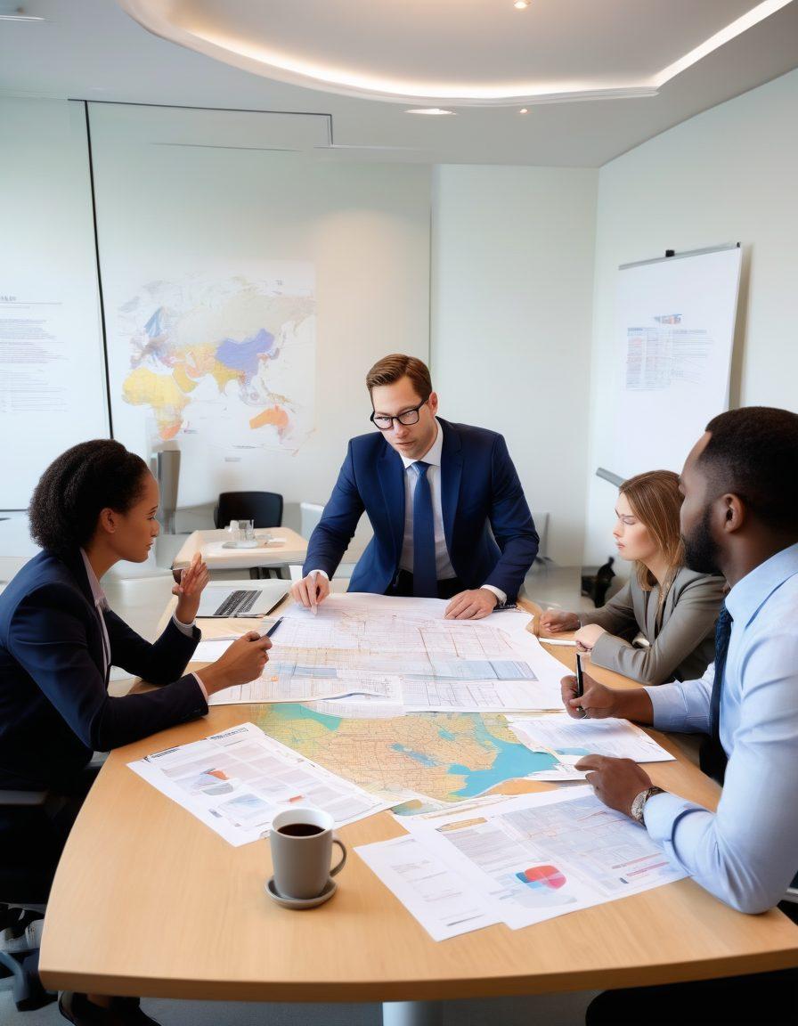 A diverse group of people sharing ideas around a table covered with insurance policy documents, laptops, and coffee cups. One person is pointing at a digital map of insurance coverage while another discusses a claims checklist. The atmosphere is collaborative and informative, exemplifying trust and security in financial matters. Bright and welcoming office environment. super-realistic. vibrant colors. modern style.