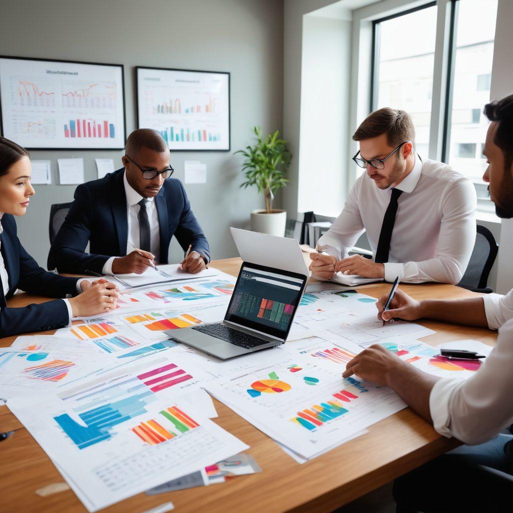 A visually engaging scene depicting a diverse group of people collaborating over a table filled with financial documents and charts, symbolizing the claims process. One person is pointing to a colorful chart illustrating growth and security, while another is taking notes. Include elements like a laptop and calculator to represent the modern aspect of financial management. The background features a calming office environment with subtle motivational quotes framed on the walls. super-realistic. vibrant colors. modern office style.