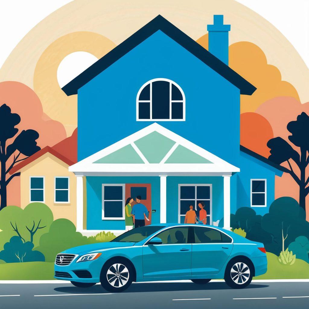 A split scene depicting various insurance coverage options: on one side, a serene family life with a loving couple and children representing life insurance; on the other, a sleek car and a happy driver symbolizing auto insurance. Include a background of interconnected icons like a house, health symbol, and dollar signs to emphasize the depth of coverage options available. The overall feel should be informative yet inviting. vibrant colors. vector art.